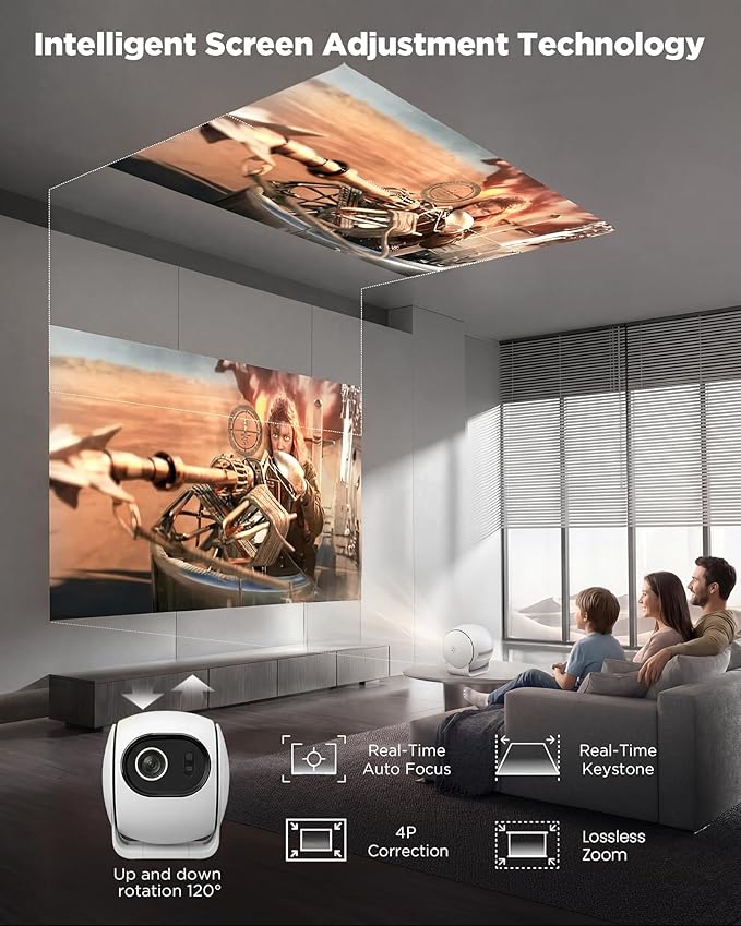 [ Ultra Short Throw & Built-in Apps ] Android 14 Smart Projector with WiFi and Bluetooth, 1080P FHD HDR10, Auto Focus/Keystone, Mini Portable Projector Support Power Bank for Bedroom/Outdoor, White