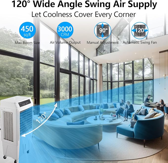 Evaporative Air Cooler, TAKYWEP 3000CFM Swamp Cooler with Remote Control and 12H Timer, 4 Ice Packs, 3 Modes & Wind Speeds for Outdoor Indoor Use, 10.3 Gallon