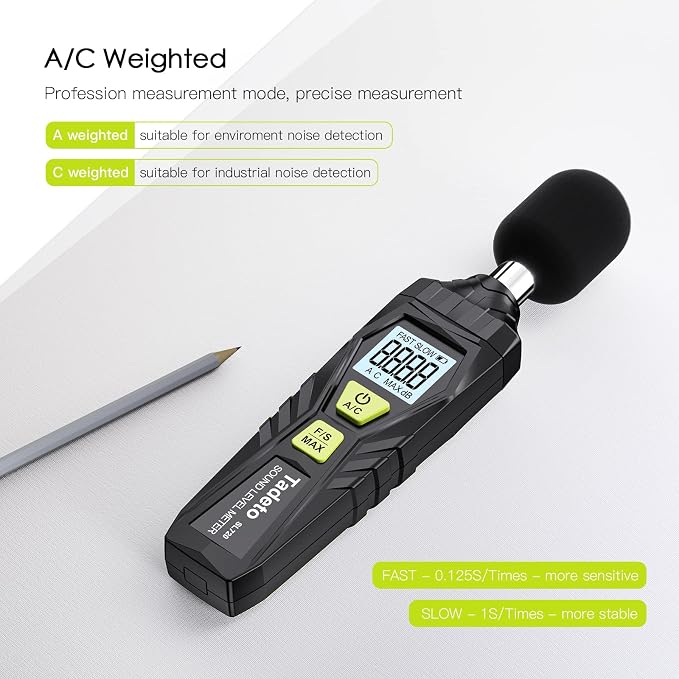 Decibel Meter, Tadeto Digital Sound Level Meter Portable SPL Meter 30dB to 130dB MAX Data Hold with LCD Display Backlight A/C Weighted for Home Factories