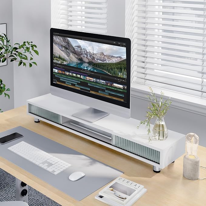 Fenge Dual Monitor Stand, 42.5inch Long Monitor Stands Riser for 2 Monitors, Glass Sliding Door with Storage Organizer Stand for Desk, 2 Tier Desk Shelf for Laptop, Pc, Printer, Computer, TV