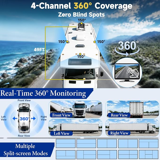 4 Wired Backup Camera System for Truck/RV, 10.1" HD 1080P Plug and Play Touch DVR Quad Split Monitor & 4 Side/Rear Camera Waterproof IR Night Vision Vibration-Proof for Trailer/Tractor/Heavy Equipment