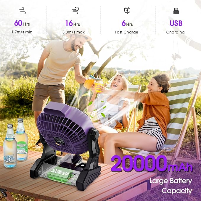 JINLICTE Portable Camping Fan, Rechargeable Battery Powered Tent Fans for Camp Hanging, [13-60Hrs Runtime], 9 Inch, Stepless Speed, Powerful&Quiet, for Picnic, Barbecue, Fishing, Travel, Home, Tent