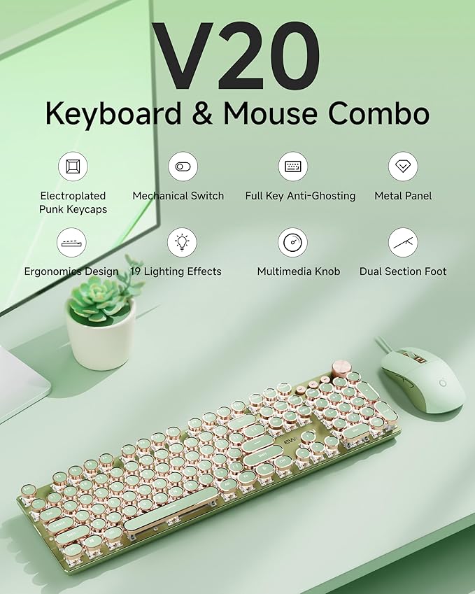 SEUNKWANG Wired Typewriter Keyboard and Mouse Combo, Retro Mechanical Keyboard with Multimedia Knob, White Backlit, Metal Panel, Low Noise Pink Switch Keyboard Mouse Set for PC Laptop - Green