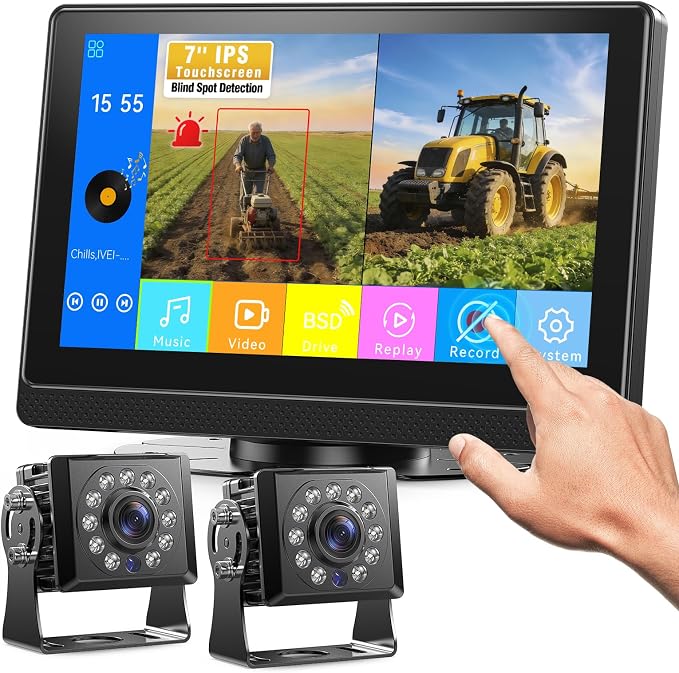 Fookoo AHD 1080P Dual Wired Backup Camera System, 7" Touchscreen Monitor Blind Spot Detection Vibration-Proof 10G Camera for Tractor Truck Excavator Skid Steer Harvester RV MP3 MP5 Waterproof