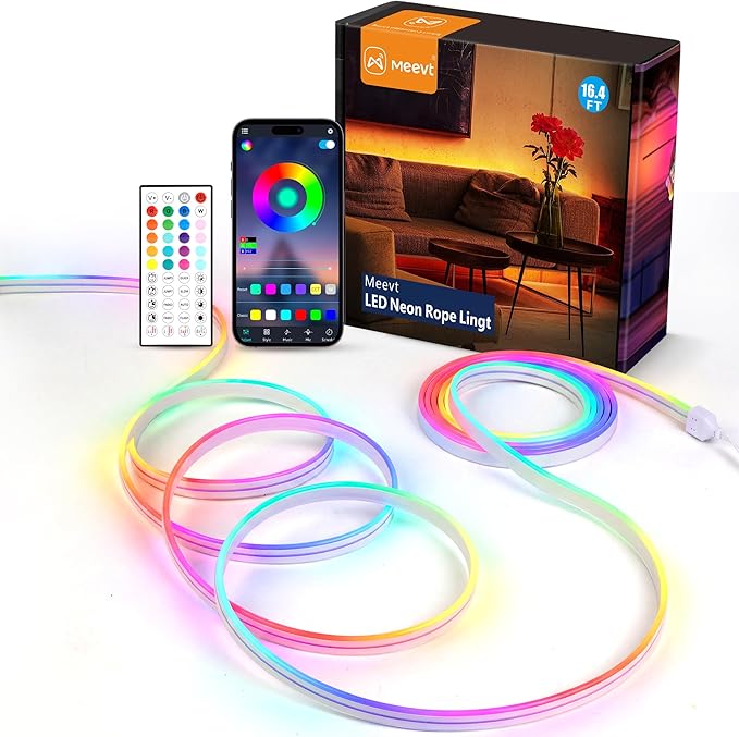 16.4Ft RGB Neon Rope Lights, 360 LEDs 24V Side-Emitting LED Strip Lights with App and Remote Control, 360° Bendable Flexible DIY Neon Sign Lights with Music Sync for Gaming Room, Desk, Bedroom