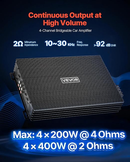 VEVOR 4 Channel Car Audio Amplifier 2 Ohm Stable Bridgeable Class A/B Full Range Amp Max Power 4 x 200W @ 4 Ohm / 4 x 400W @ 2 Ohm for Car SUV Truck Off-Road