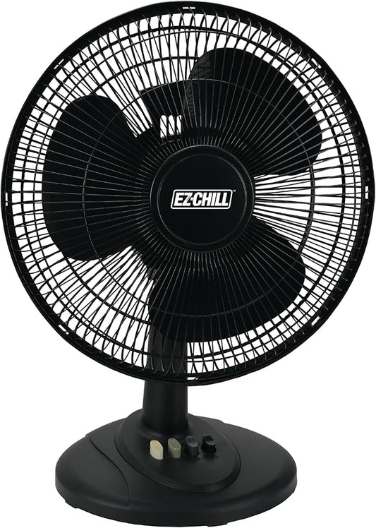EZ-Chill 12” 3-Speed Oscillating Table Fan with Adjustable Tilt, Convenient Push Button Controls, Quiet Operation, Black, SB-MTSH05-BLK