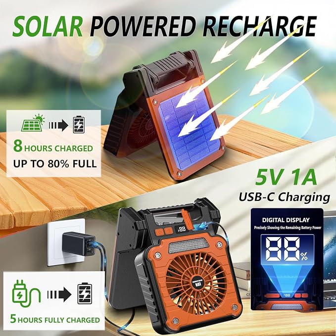 Solar Powered Rechargeable Fan with Light - 3 Speed Portable USB-C Hanger Camping Fan, Power Outage for Home and Kitchen Emergency, Outdoor Tent Fan for Picnic, BBQ and Travel