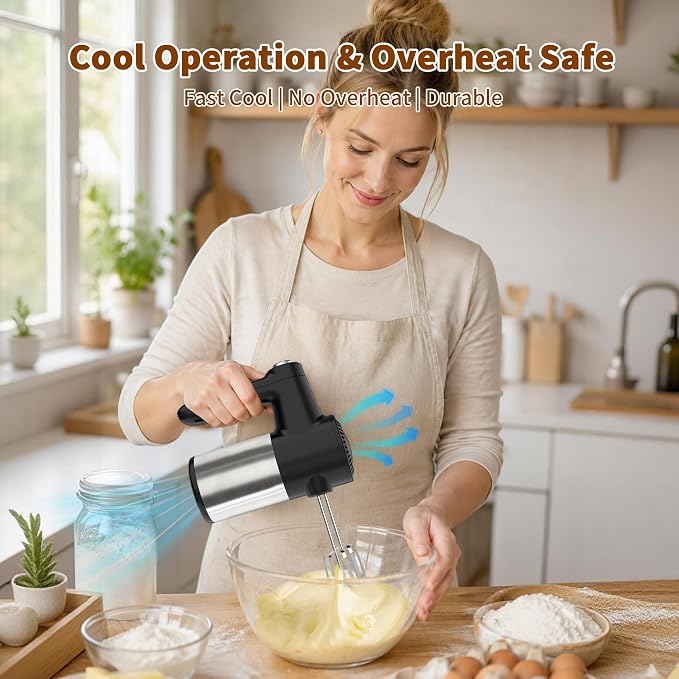 Cordless Electric Hand Mixer, 7 Speed Rechargeable Wireless Handheld Mixer with Eject Button, Long Battery, Quiet Anti-Splash, 6×304 Stainless Steel Attachments & Storage Base for Baking (Black)