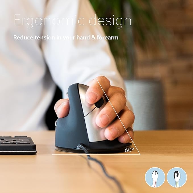 R-Go HE Vertical Ergonomic Mouse, for Large Left-Handed, with Break Software, USB-C Wired, Prevents Tennis Elbow/Mouse Arm RSI, Silent Click, 5 Buttons - Compatible Windows/MacOS, Black/Silver