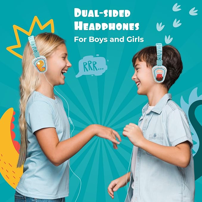 Kidrox® Kids Headphones Wired LED Lights with Microphone, Durable and Flexible, Volume Limited 85/94db Kid Safe Dinosaur Headphones for Kids, Perfect for School or Travel. USB C Wired
