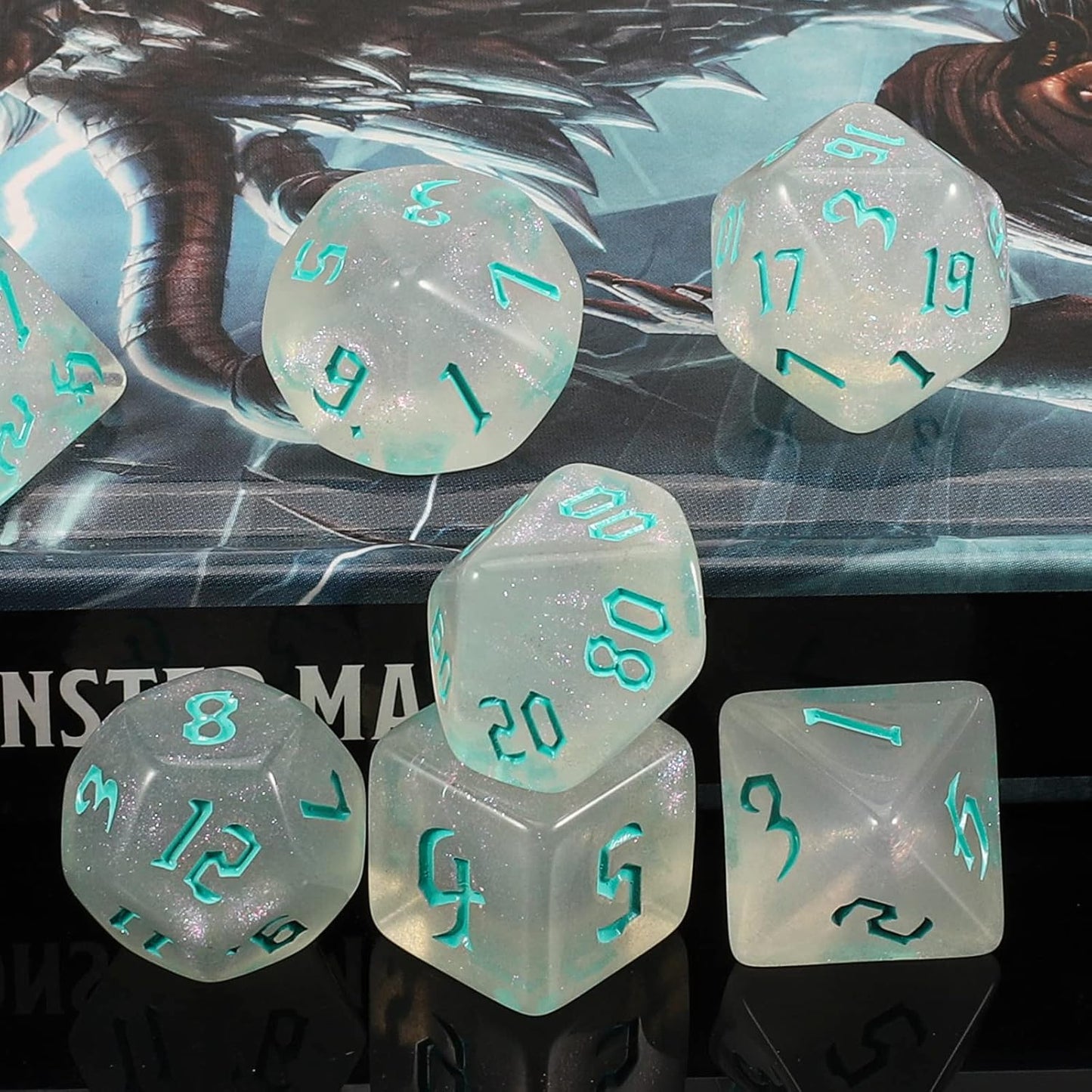 QMAY DND Dice Set -D&D Polyhedral Dice (7 Pcs) for Dungeons and Dragons (Transparent White Glitter)