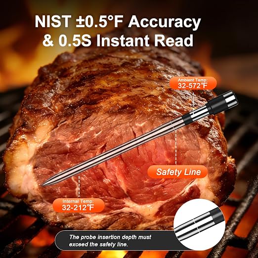 Smart Wireless Meat Thermometer with Dual Probes & APP Alerts, Bluetooth Grill Thermometer with 800ft, Digital Base, ±0.5℉Accuracy, LCD Backlit Screen for BBQ, Oven, Smoker, Kitchen Cooking
