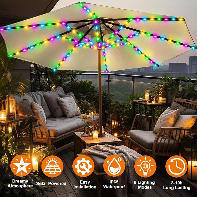 Patio Umbrella Solar Lights with 8 Modes - Upgraded Larger Solar Panel Clip 5V 152 LEDs 8 Strands Umbrella Lights Outdoor Waterproof for Patio Beach Tent Camping Garden Decor, Multicolor