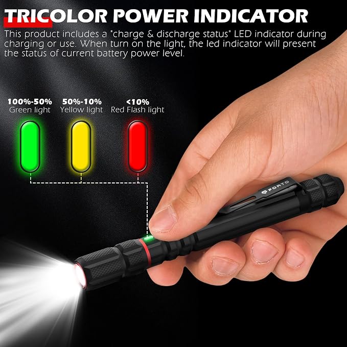 FORTO Rechargeable Pen Light Flashlight, 400 Lumens Small Pocket Flashlight with Clip, IP67 Waterproof, 2 Light Modes, 3-Color Battery Indicator, Type-C Charging, for Inspection,Emergency（2 Pack）