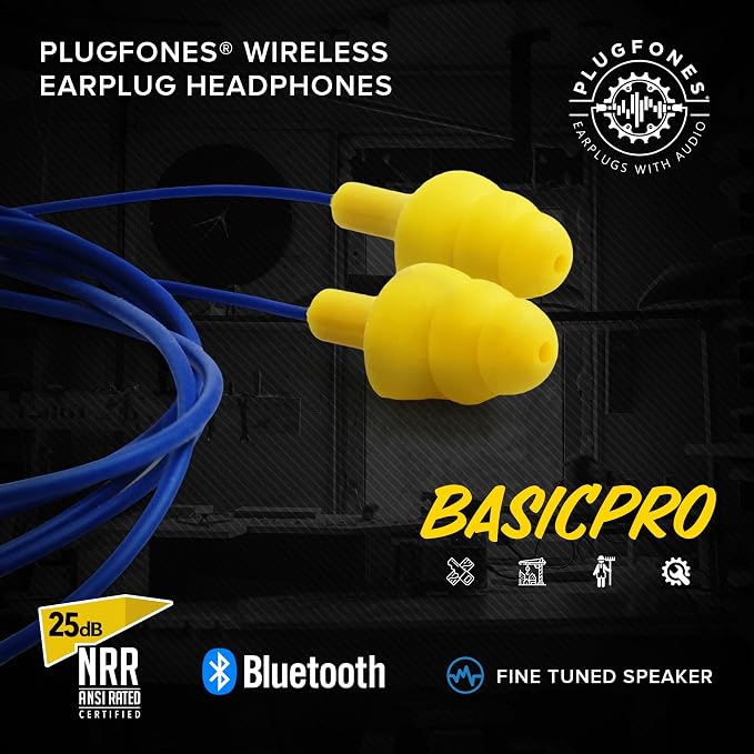 Plugfones Basic Pro Bluetooth Earplug Headphones for Work, Wireless in-Ear Safety Earbuds, 25dB NRR OSHA Compliant Hearing Protection with Noise Isolating Mic & Controls (Blue & Yellow)