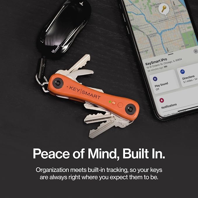 KeySmart iPro - Key Finder Locator with Sound, Keychain Key Holder, Apple Find My App Compatible, Key Organizer, Compact Clutter-Free Key Chain Tracker, Rechargeable Battery (Up to 14 Keys, Orange)