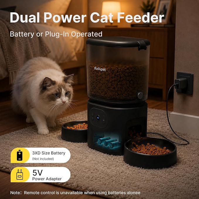 Automatic Cat Feeder 2 Cats with 3 Cameras, Dual Bowl Smart Pet Feeder, 1080P HD Video Night Vision& 2 Led Lights, 5G WiFi App Control, 1-10 Meals/Day Detachable Design with Desiccant