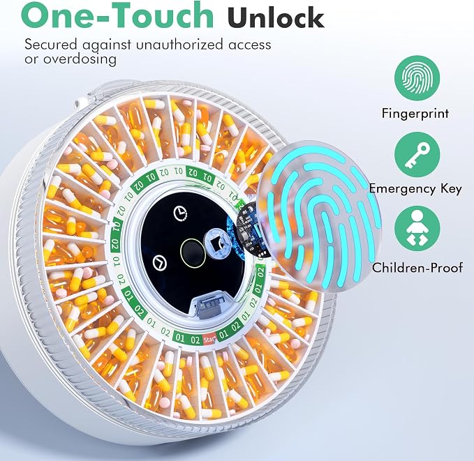 PillCalendar Bluetooth Automatic Pill Dispenser for Elderly with Alarm, Smart Pill Dispenser with 31-Slot, Fingerprint& Mechanical Dual Lock Medication Dispenser, Timed Dispenser Machine (Green)