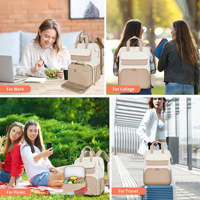 BERTASCHE Lunch Backpack for Women, 15.6 Inch Laptop Backpack with Insulated Cooler Lunch box, Nurse Backpack for Teacher Work Travel College Picnic, Khaki-Beige