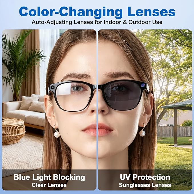 AI Smart Glasses with 8MP Camera, 1080P Video Recording, Real-Time Translation, AI Assistant & Object Recognition, Photochromic Lenses, Bluetooth 5.4 Calls & Music, IP65 Waterproof, 7-8Hr Battery