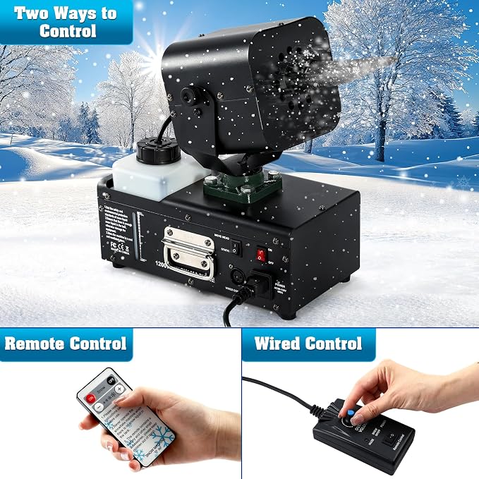 Snow Machine 1200W Snow Making Machine, Moving Head Snow Maker, Snowflake Maker with Wired Control Wireless Remote Adjustable Snow Size for Christmas Wedding Party Photography Parade Stage