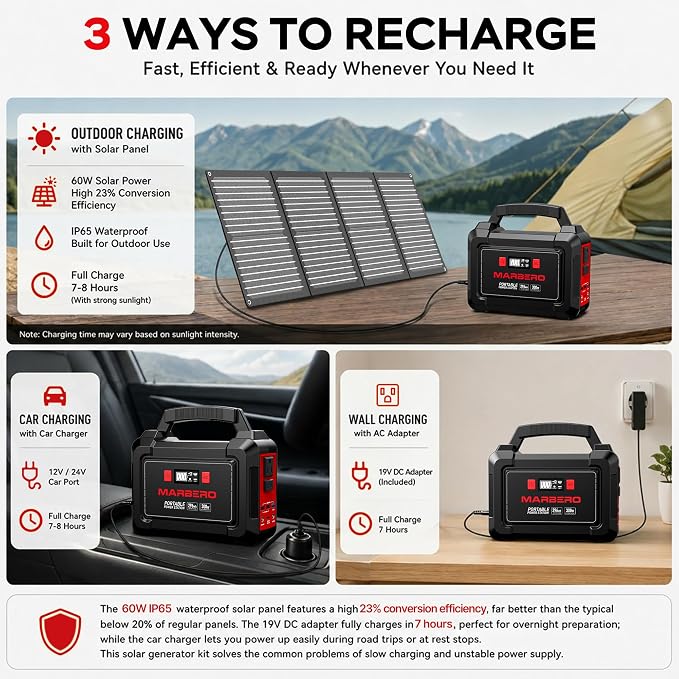 MARBERO Solar Generator 296Wh with Solar Panels 60W Portable Power Station with 300W Pure Sine Wave Solar Generator with Panels Included USB DC AC Outlet for Camping RV Van Outdoor Emergency Home