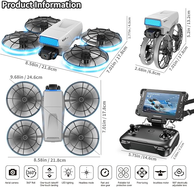 HD Camera Drone with Foldable Remote Controller Featuring Built-in Display and Detachable Lanyard, Portable Foldable Body Weighing Under 250g, Propeller Guards, RC Quadcopter with 360-Degree Flip, One-Key Takeoff/Landing, Ideal Gift for Beginners and A...
