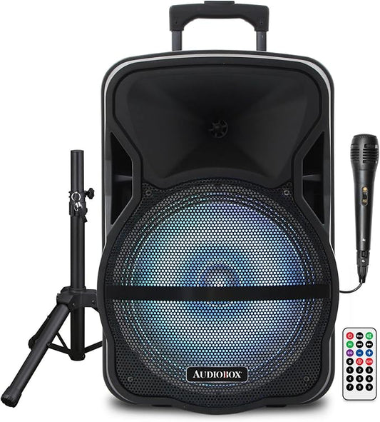 ABX-12S 12" Portable Bluetooth PA Speaker w/Stand & Mic, USB, TF, FM, AUX, 1/4" Mic Jack, Rechargeable Battery, Trolley Handle & Wheels, Perfect for DJ, Parties, & Events