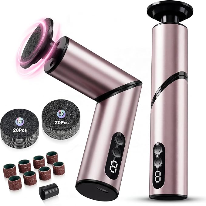 Electric Foot Callus Remover, Rechargeable Pedicure Kit with 10 Heads & 40 Grit Pads, 3 Speed LED Display, Strong Motor for Heels & Dead Skin, Portable & Foldable Callus Remover for Smooth Feet, Pink