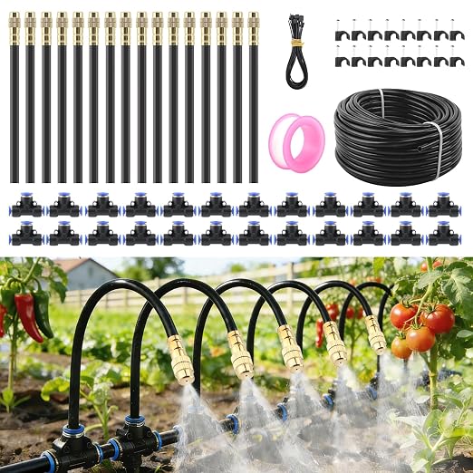 Automatic Drip Irrigation Kits - Garden Watering System with 360° Bendable Spray Adjustable Copper Atomizing Nozzles for Yard, Lawn, Raised Bed, Greenhouse, Potted Plants (24 Nozzles, 100FT Hose)