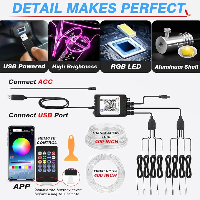 MICTUNING Car LED Interior Strip Light, 8 in 1 RGB Multicolor with 400 inches Fiber Optic Ambient Lighting Kits with Remote and APP Control, Car USB LED Strip Lights with Music Sync Mode