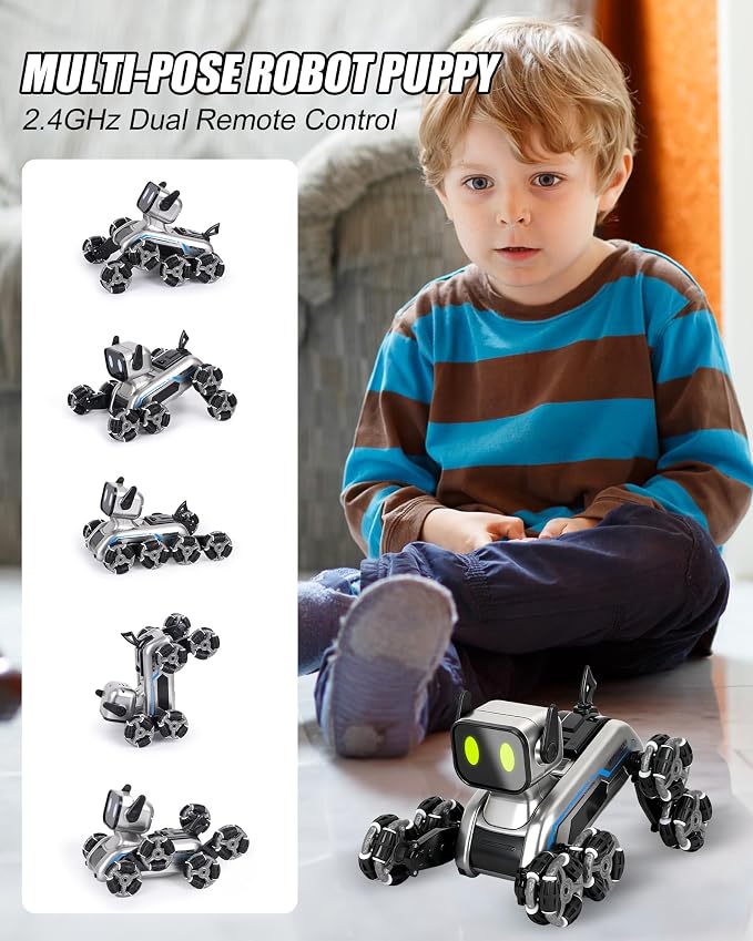 HuiJuKeJi Interactive Robot Dog RC Stunt Car, Gesture Sensing & 2.4Ghz Remote Control Cars, Mecanum Wheels, LED Eyes with Music, Rechargeable for Extended Indoor/Outdoor Fun, Gift for Kids 6-12