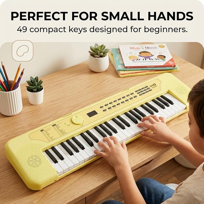 RockJam 49 Key Keyboard Piano, Portable Electronic Music Keyboard with Speakers, USB-C Power or Battery Operation, Headphone Input, 200 Tones, 200 Rhythms, Note Stickers & Lessons