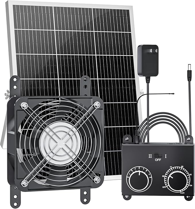 25W Solar Fan for Chicken Coop with Thermostat, Adapter, Metal Solar Powered Exhaust Fan Brushless Motor, MPPT Controller Dual Power Auto-Switch, 24/7 Operation, Dog House, Small Shed Greenhouse