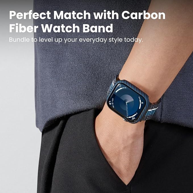PITAKA Air Case for Apple Watch Series 9/8/7, 45mm, Exquisite Minimalist Slim Apple Watch Case - Aramid Fiber Made, Black/Blue(Twill)