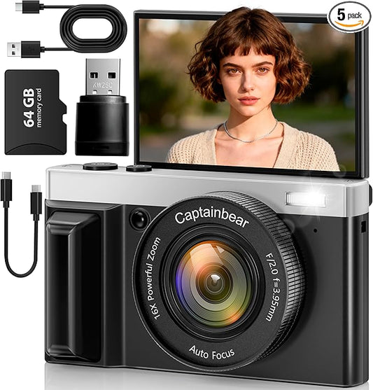 4K Digital Camera,64MP Cameras for Photography with 16X Digital Zoom, AutoFocus Vlogging Camera for YouTube, 3" 180°Flip Screen Compact Travel Camera, Anti-Shake 4K Video Cameras