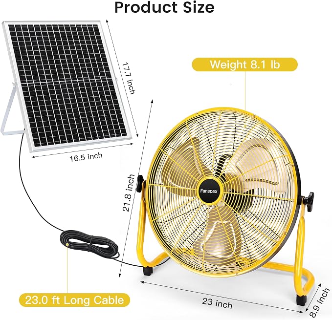 Fanspex 20" Solar Rechargeable Floor Fan for Outdoor, 30000 mAh Battery Operated Fan with 35W Solar Panel Powered for Patio Gazebo Camping, 360° Tilt (21.2 ft/s Airflow)