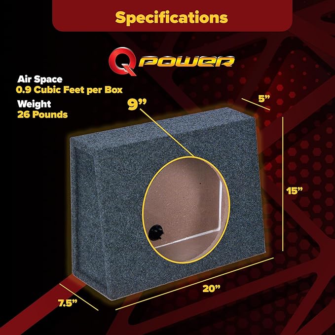 QPower Pack of 2 Single 10-Inch Sealed Subwoofer Boxes, 0.9 Cubic Feet of Airspace Per Box, Solid 5/8-Inch MDF Construction