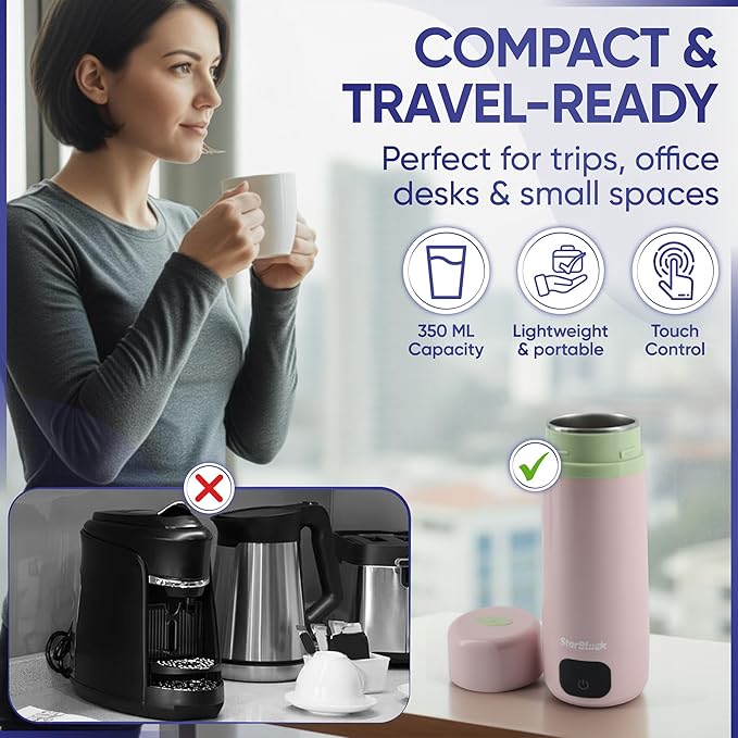 StarBlue Portable Travel Kettle Pink, 350ml, Water Kettle Electric with Global Voltage, 6 Temperature Modes, ℃/℉ Switchable Display, Compact Water Boiler for Home and Office 100-240V 50-60Hz 250-300W