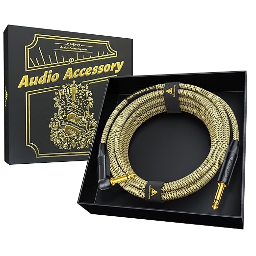 AA AUDIO ACCESSORY Gold Series Right Angle Guitar Cable 15 ft (Gold-Plated Neutrik Connectors) 16 AWG, Kevlar Reinforced Braided 1/4 Instrument Cord for Electric Amp Bass, 100% Shielded, Yellow/Black