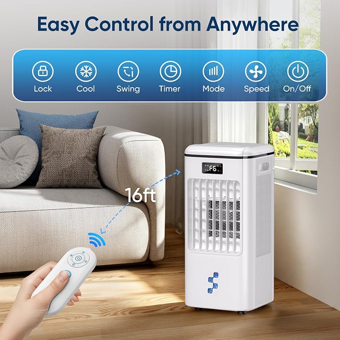 4-in-1 Evaporative Air Cooler, Portable Air Conditioner & Swamp Cooler with 3 Speeds & 4 Modes, 2-Gal Water Tank, Remote and Touch Control, Low-Noise for Indoor Daily Use