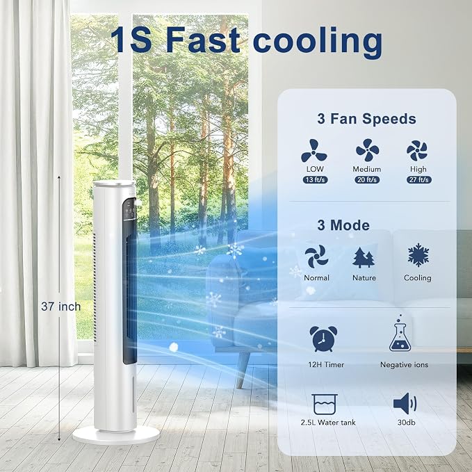 Windowless Portable Air Conditioner Ac Unit with Remote,Evaporative Air Cooler,Swamp Cooler for 4 Modes, 12H Timer, Removable Water Tank,Ice Packs,CoolingTower Fan for Bedroom,Outdoor,Indoor White