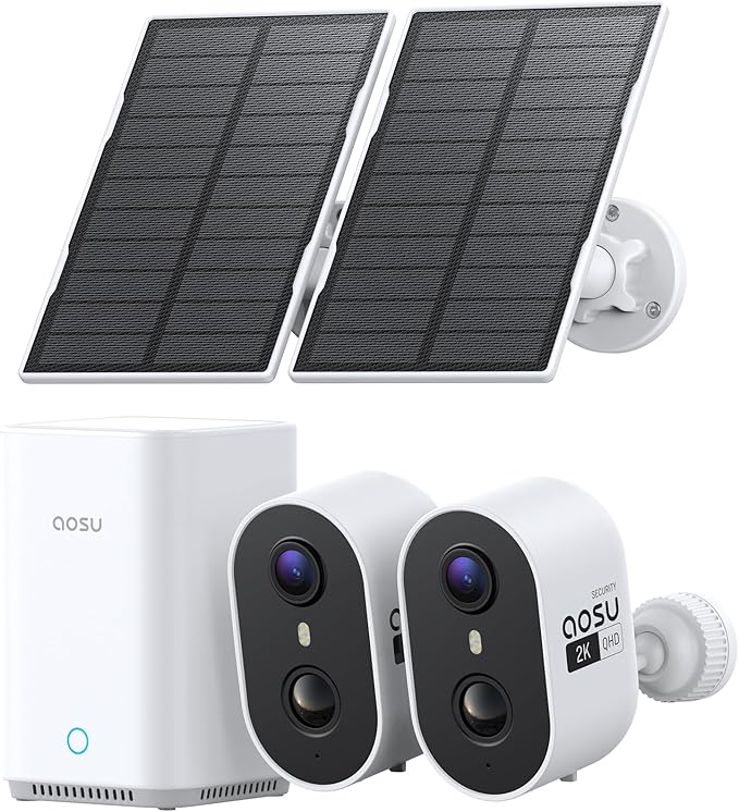 aosu Solar Security Cameras Wireless Outdoor Home System, True 2K HD, Cross-Camera Tracking, PIR + AI Human Detection, Color Night Vision, Local Storage, No Subscription Required, 2-Cam-Kit