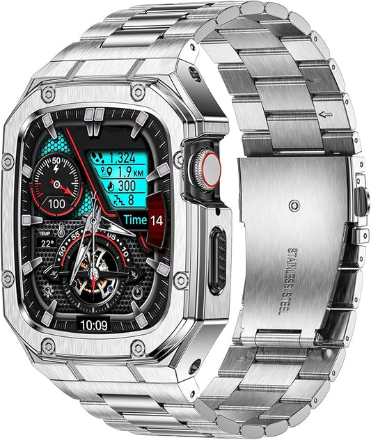 BAITEYOU Stainless Steel Watch Band with Case Compatible with Apple Watch Series SE 3 2 1/6 5 4 (40mm) Series 9 8 7 3 2 1 (41mm 38mm), Metal Protective Bumper Cover for iWatch Bands Men (Silver)
