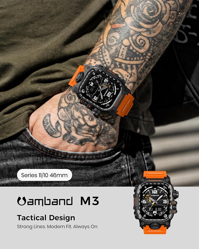 amBand Rugged Case with Band for Apple Watch 46mm, Compatible with Apple Watch (iWatch) Series 10 11, Military Grade Shockproof Bumper Cover, Tactical Band for Men, Orange