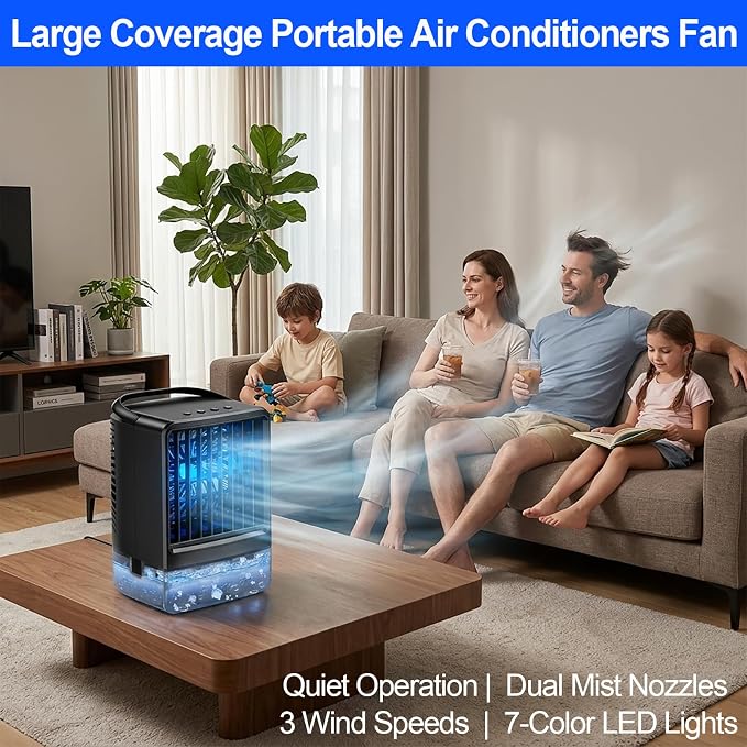 Portable Air Conditioners Cooling Fan,800ML Mini AC with Cool Mist, Small Portable Air Cooler with Handle,3 Speeds, 2/4H Timer, 7 Color LED Light, Quiet Desk Fan for Bedroom Home Office Room Outdoor