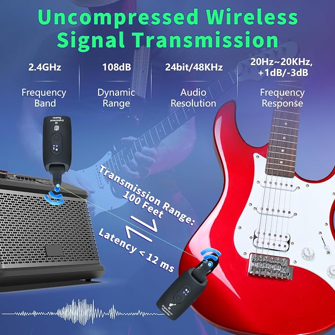 A9 Wireless Guitar System 2.4GHz Wireless Guitar Transmitter and Receiver, Rechargeable,4 Channels, 100FT/30m Range,270° Rotatable Plug,for Electric Guitar Bass (Black(2TX+1RX))