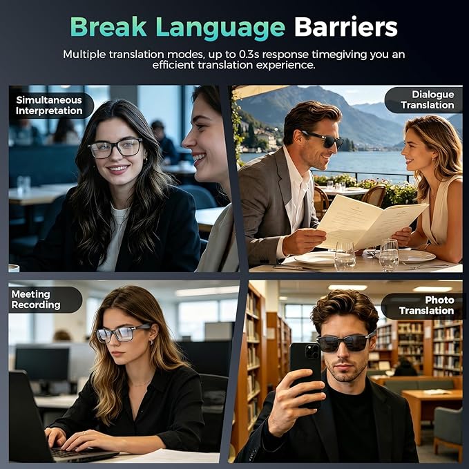 2026 AI Bluetooth Smart Glasses,AI Real-Time Translation Glasses,Music Playback & Hands-Free Calls,AI Smart Glasses with Blue Light Lenses+Sunglasses Lenses+Brown Lenses for Men & Women