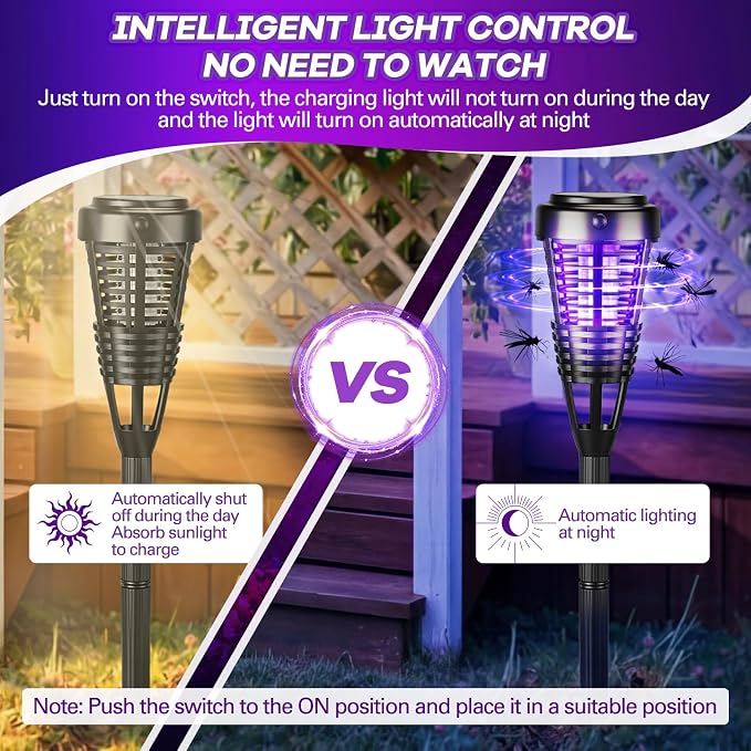 4 Pcs Solar Bug Zapper Outdoor, Torch Zapper Lights Waterproof Mosquito Killer Lamp with Auto On/Off Lighting,Purple Bug Light and White Ambient Light for Garden Patio Yard Balcony(Black)